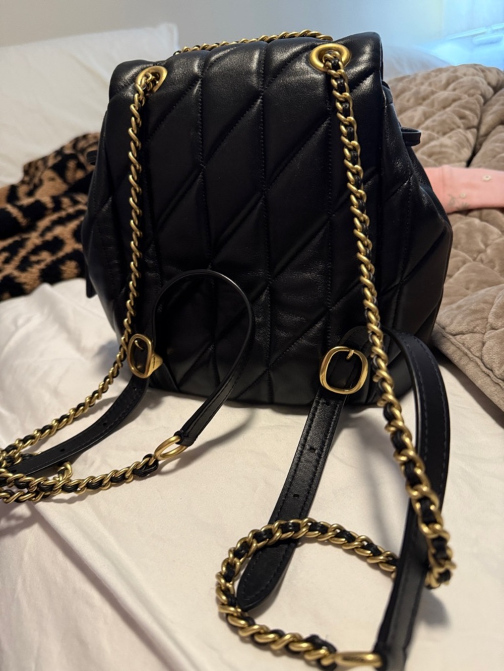 Coach Black Quilted Leather Backpack with Gold Chain Detail - Picture 2 of 3